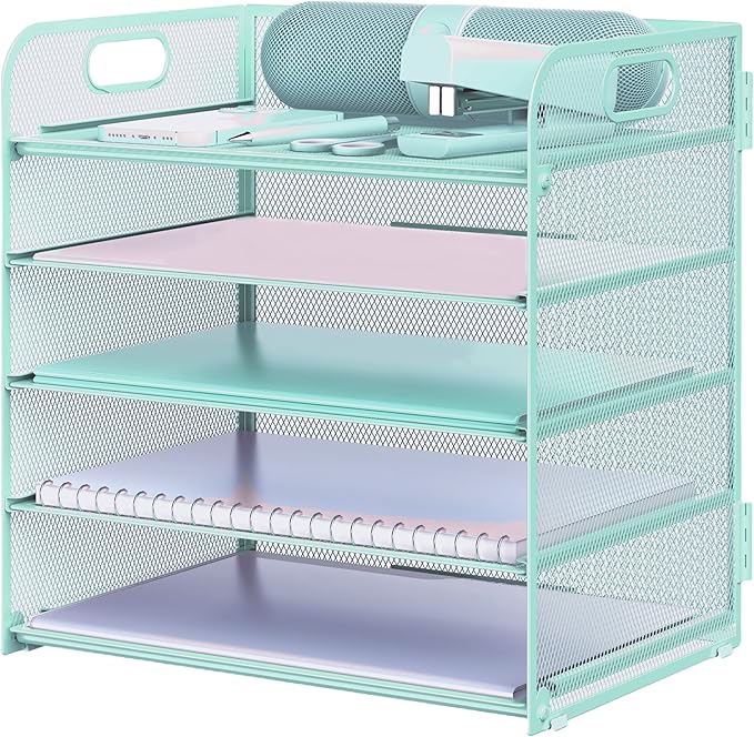 Letter Tray Paper Organizer 5-Tier Desk Organizer File Organizer Paper Holder with Handle, Metal Desktop Document Shelf Tray Office Classroom Organization - Blue