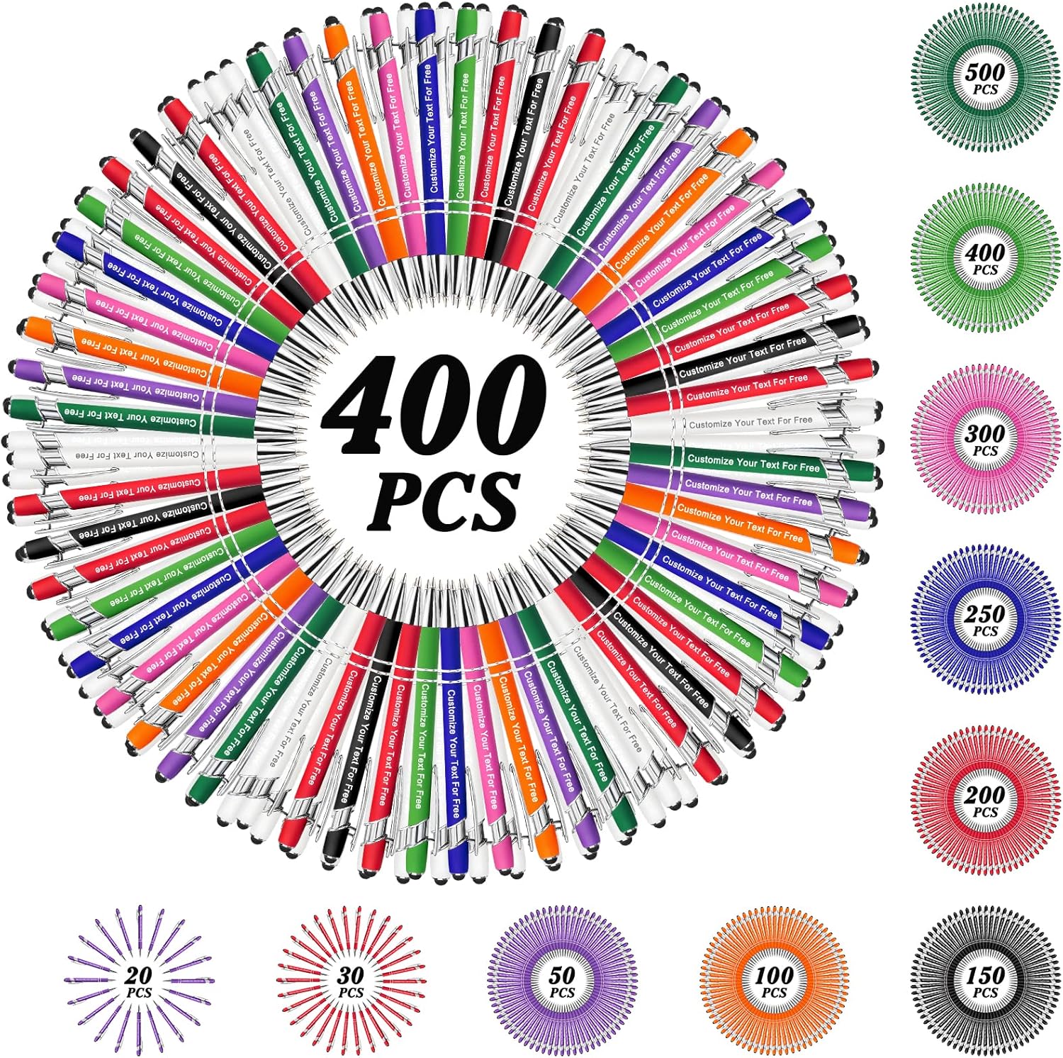 Max 500 Pcs Personalized Pens Bulk, Custom Pens with Free Engraving, Customized Stylus Tip Ballpoint Pen with Your Name Massage Text for School Office Business Graduation Anniversaries-400 Packs