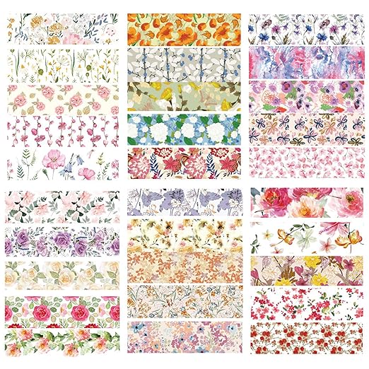 YUBX Flowers Washi Tape Set 30 Rolls Floral Patterns Decorative Skinny Slim Masking Tapes for Arts, DIY Crafts, Journals, Planners, Scrapbook, Wrapping (Blossoms Flourish)