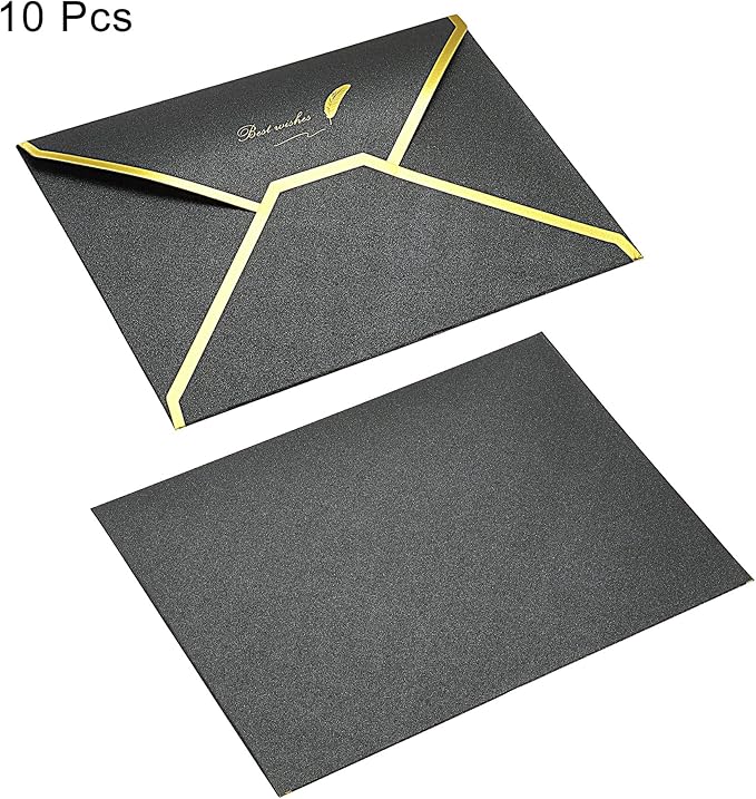 PATIKIL V Flap Envelopes, 10 Pack 7 x 5'' Luxury Style Gold Border Greeting Card Envelope for Invitations Weddings, Black