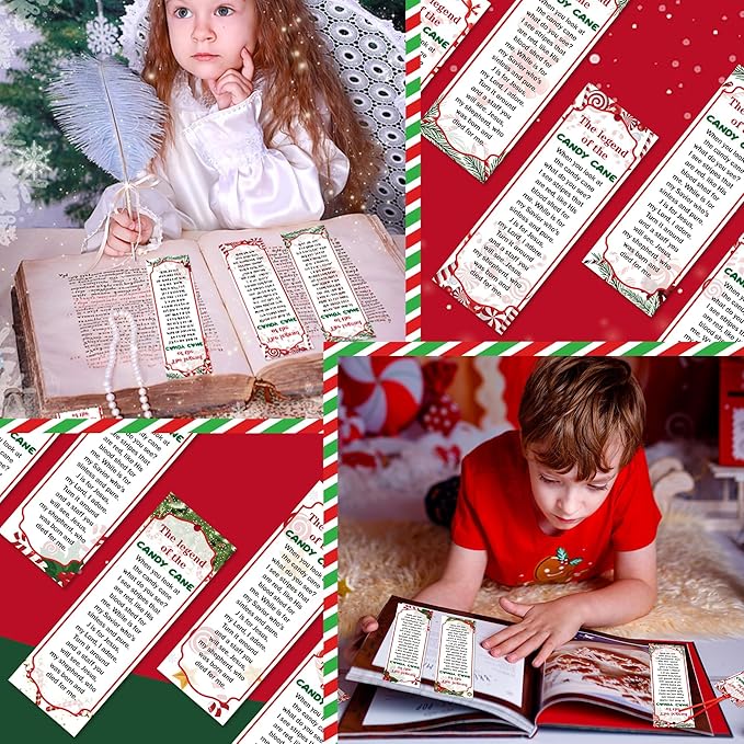 Haooryx 120pcs Christmas Theme Bookmarks, The Legend of The Candy Cane Bookmark with Red Ribbons, Candy Cane J is for Jesus Religious Bookmark Party Favor for Sunday School Supply Students Rewards