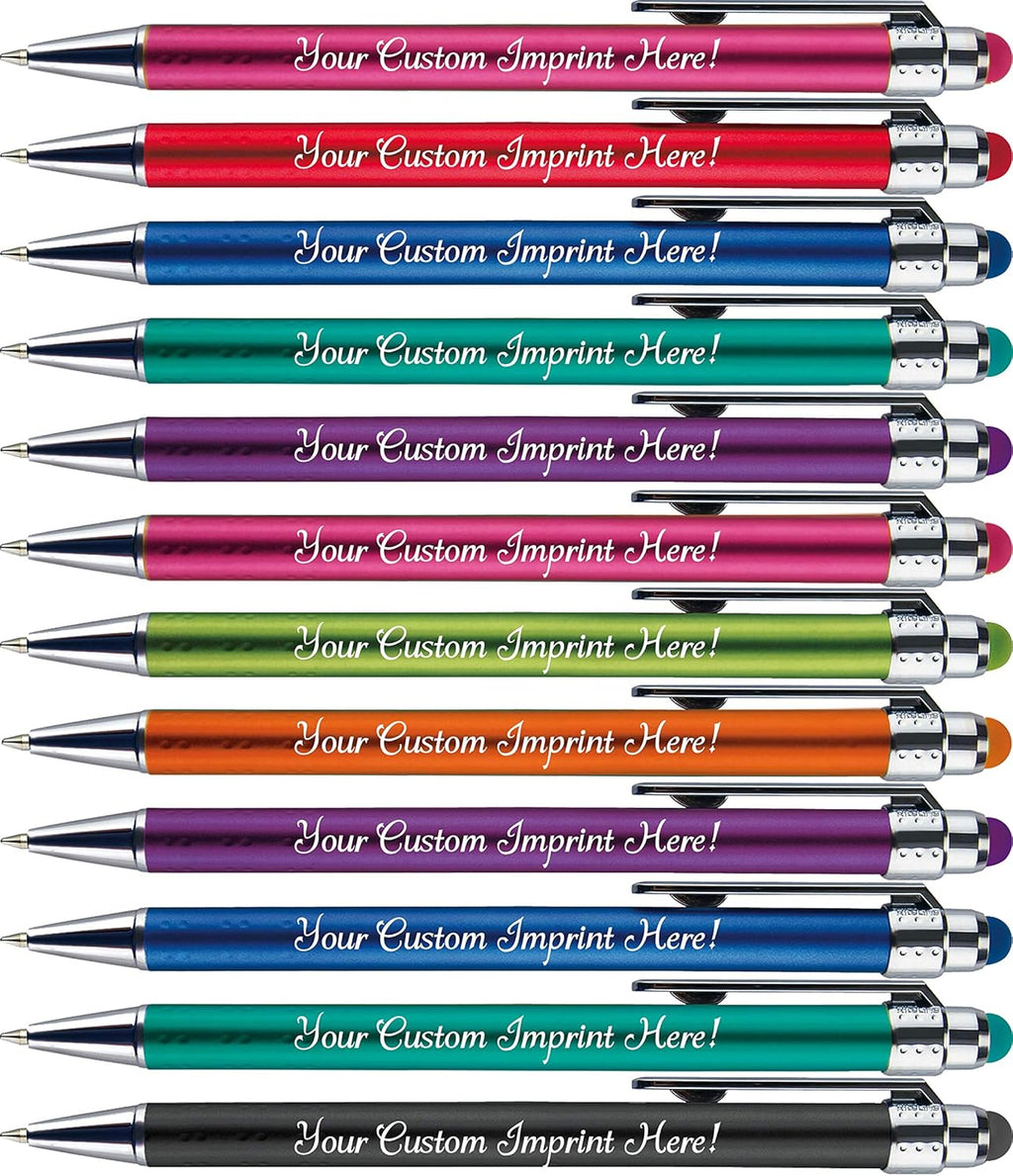 Personalized Pens with Stylus Tip -Bright Vibes- Click action - Custom - Black writing - Printed Name pens - Imprinted with Your Logo or Message - FREE PERSONALIZATION - 12 Pens/Box (Purple)