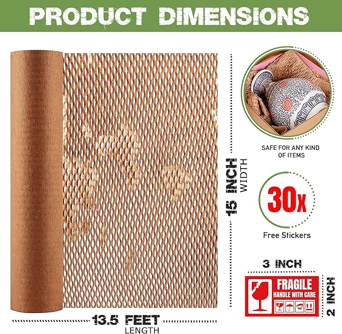 Honeycomb Packing Paper 15 Inch x 135 Feet with 30 Fragile Stickers – Eco-Friendly Honeycomb Wrap for Packing Fragile Items – Recyclable Protective Wrapping Roll for Moving, Shipping, & Storage