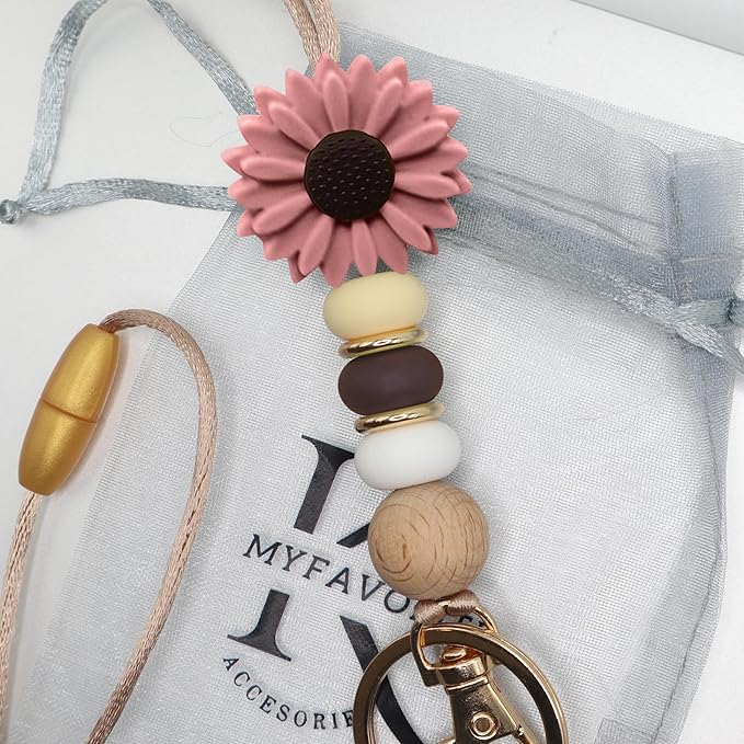 Flower Teacher Lanyards ID Badge and Key Chain, Cute Silicone Beads Lanyard for Women Nurse Work Student (Dark Violet)