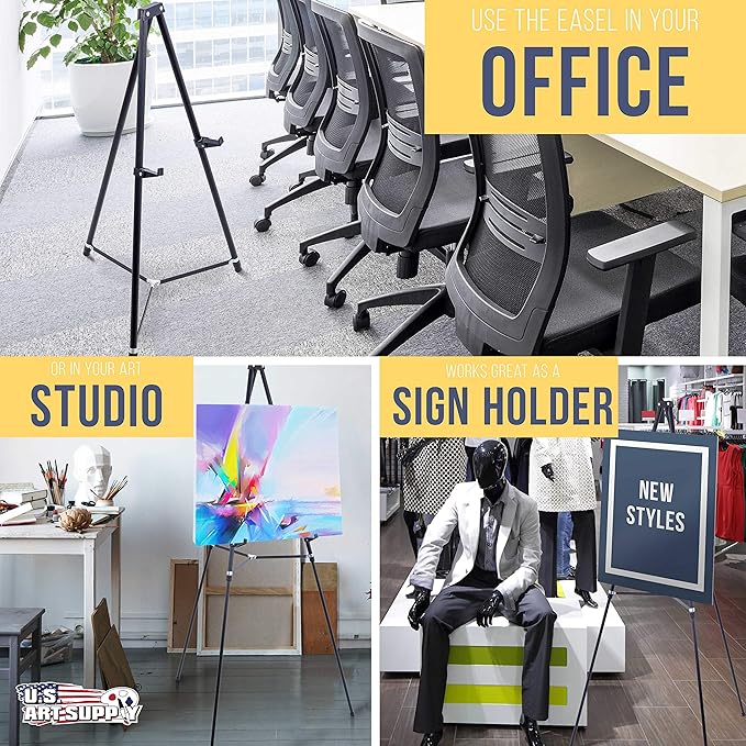 U.S. Art Supply 66" High Showroom Black Aluminum Display Easel and Presentation Stand (Pack of 4) - Large Adjustable Height Portable Floor and Tabletop Tripod, Holds 25 lbs, Paintings, Signs, Posters