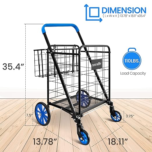 SereneLife Shopping Supermarket Cart with 360 Rolling Swivel Wheels, Collapsible Design, Double Basket Compartment, Heavy Duty Shopping Cart, Utility Cart for Grocery, Laundry, Luggage, Blue: