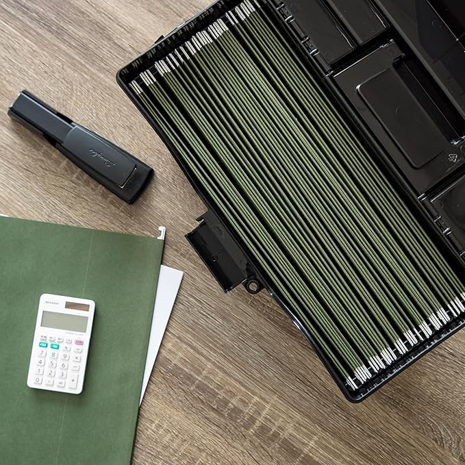 IRIS USA File Box Slim with Lid File Organizer for Letter File w/ Organizer-Lid, Water Resistant Document Box, Plastic Mobile Filing Organizer, Secure Buckle, Portable Handle, Lockable, Black 4 Pack