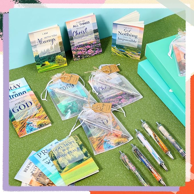 200 Pcs Bible Verse Sets Church Christian Gift Include 50 Scripture Notebooks 50 Bible Bamboo Pens 50 Thanks Tags 50 Organza Bags for Women Man Christian Party Gifts(Bright Color,Scenery)