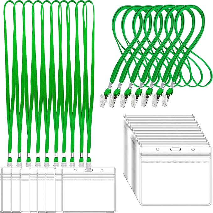 100Pcs Clear Plastic Horizontal Name Tags Badge ID Card Holders and 100Pcs Lanyards with with Clip lanyards for id Badges (Green)