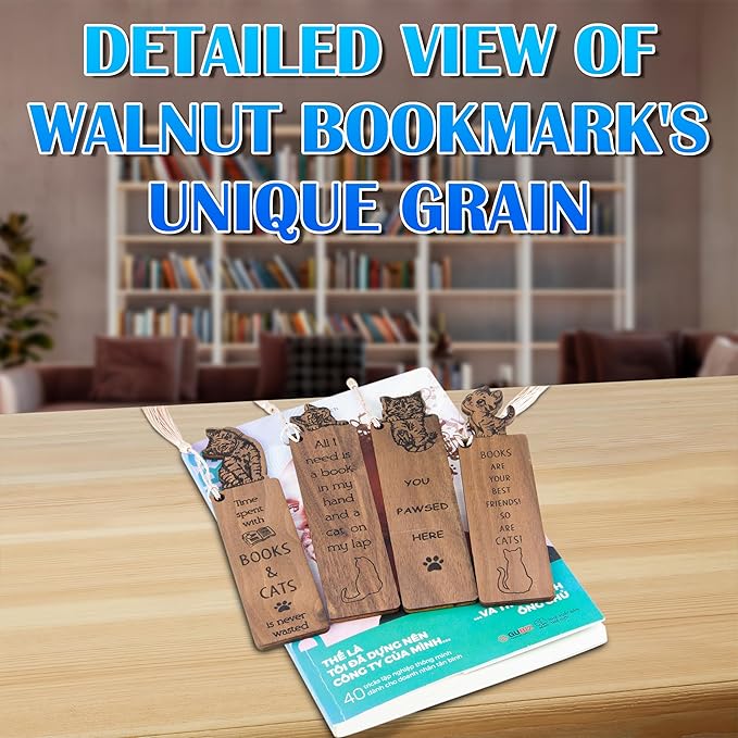 Cat Bookmark – Set of 4 Wooden Bookmarks with Tassels, Made from Walnut Wood,Funny Bookmark Gift for Men and Women, Novelty Gag Bookmark for Book Lovers,Christmas Stocking Stuffer