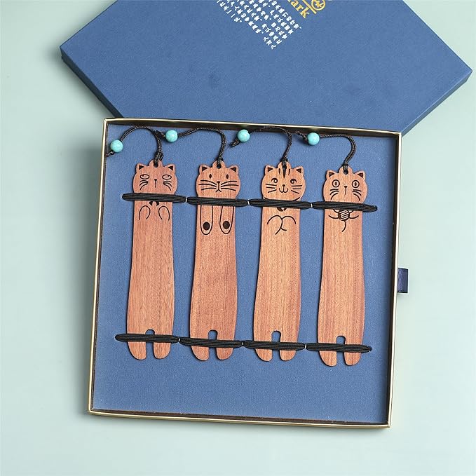 Wood Cat Bookmarks - Set of 4 Cute Bookmarks Aesthetic, Wooden Bookmarks Anime Cat Bookmark for Women Girl Kids, Kawaii Bookmark for Book Lover Cat Lover Friends Best Gifts (Acid Redwood)