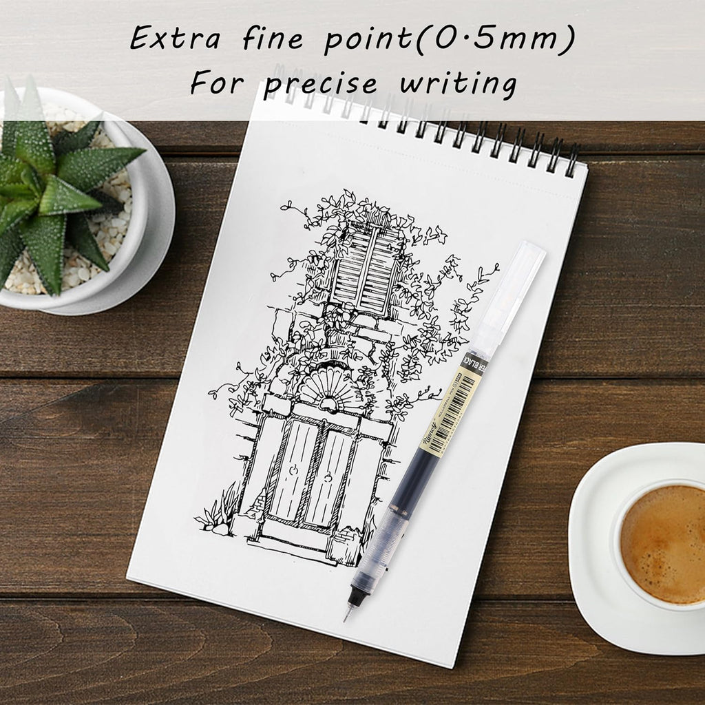 RIANCY 12 Pack Black Liquid Ink Rollerball Gel Pens, 0.5mm Extra Fine Point Tip, Smooth Writing Quick Drying No Smear No Bleed for Journaling, Drawing, Sketching, School Notes & Art Supplies