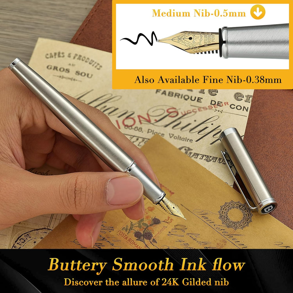 BEILUNER Luxury Fountain Pen Set, Solid 24K Gilded Medium Nib, Silver Stainless Steel Body- Includes 6 Ink Cartridges & Ink Refill Converter with Gift Case - Nice pen for Men and Women