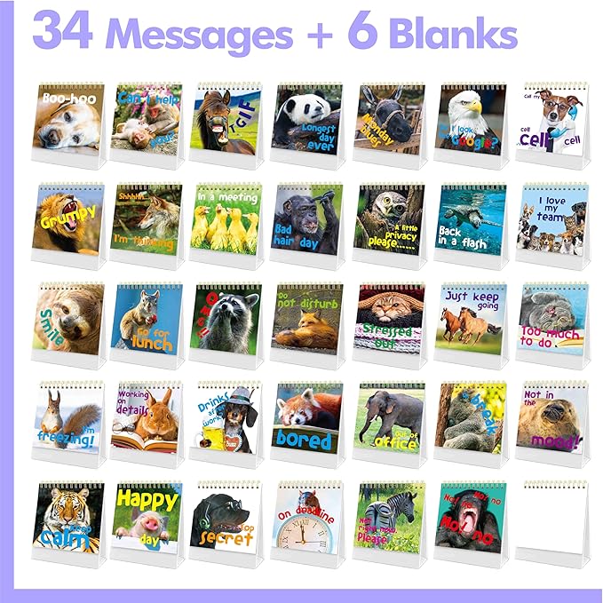 40 Pages Funny Desk Sign, 34 Different Fun and Flip-Over Messages plus 6 Erasable Blank Pages, Funny Desktop Flip Book for Office Gifts Desk Accessories (Animal Design)