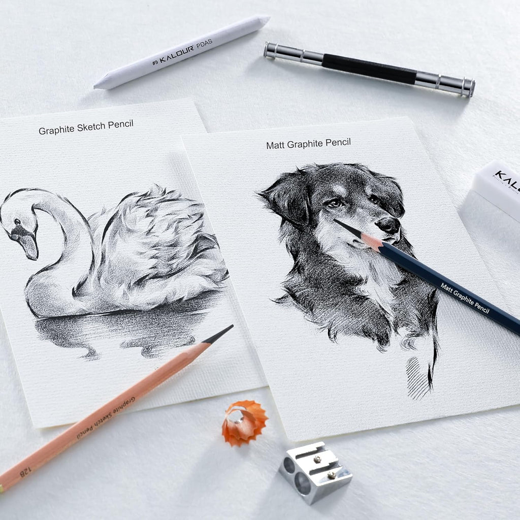 KALOUR 25-Piece Professional Sketch Pencil Set with Matte and Regular Pencils - Includes Vinyl Eraser, Kneaded Eraser, Sharpener, Pencil Extender and Blending Stump - Ideal for Artists and Beginners