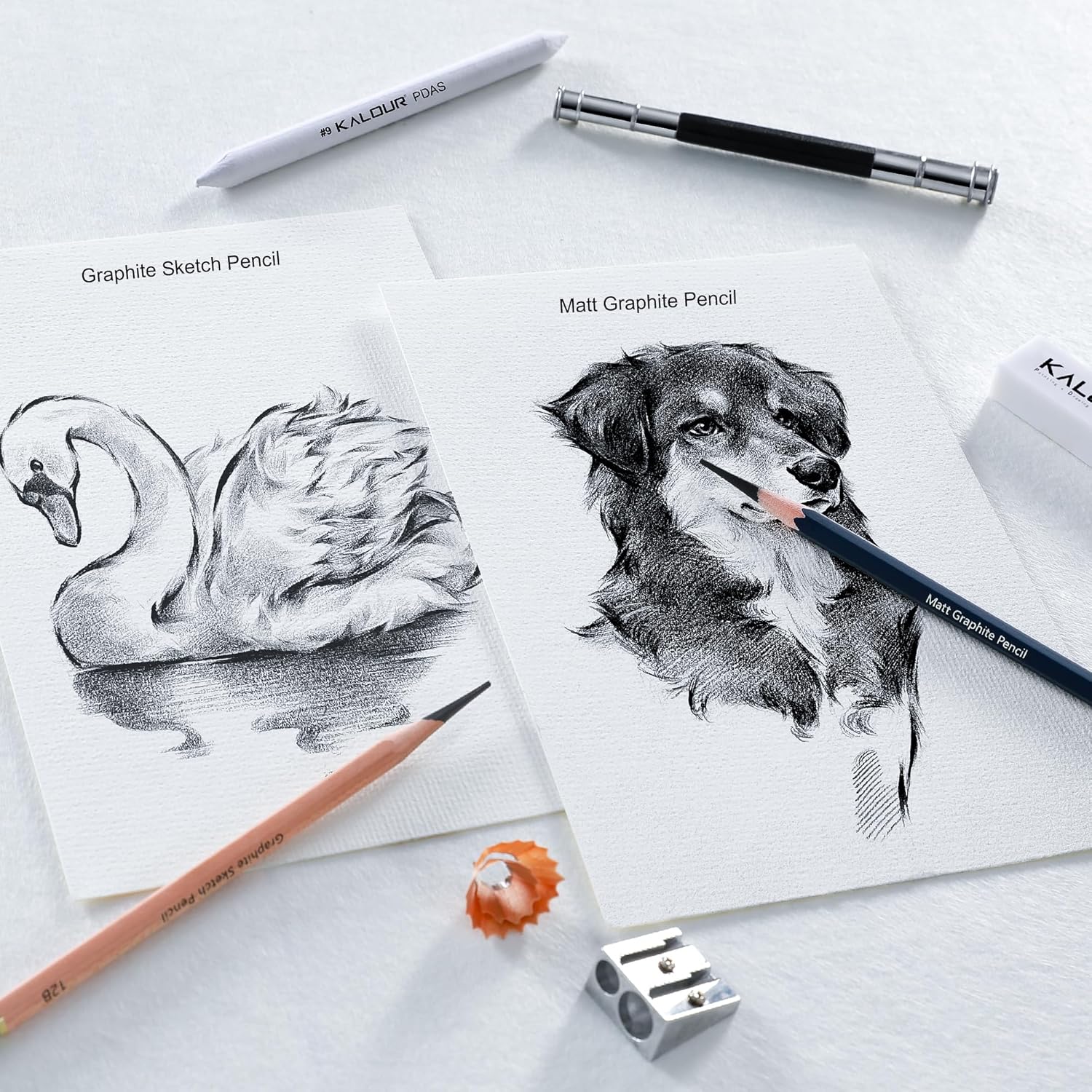 KALOUR 25-Piece Professional Sketch Pencil Set with Matte and Regular Pencils - Includes Vinyl Eraser, Kneaded Eraser, Sharpener, Pencil Extender and Blending Stump - Ideal for Artists and Beginners