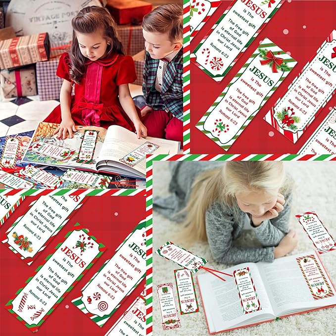 Haooryx Christmas Winter DIY Bookmarks - 240pcs Xmas DIY Bookmark Christmas Candy Cane Pattern Bookmarks Red Ribbons Christian Religious Christmas Bookmark Party Favor School Classroom Students Reward