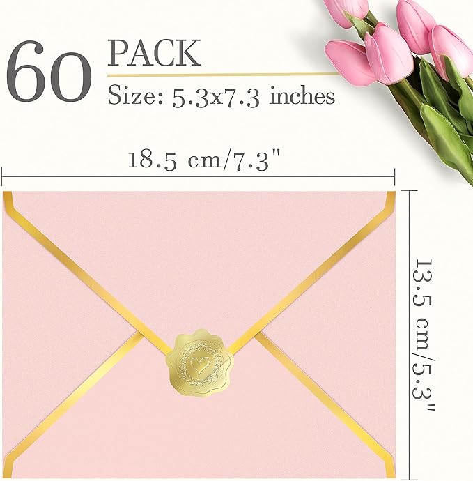 60 Pack Gold Envelopes 5x7 Bulk Pink, 250G Pearled Cardstock A7 Envelopes for Invitations Business Mailing Envelope with Gold Foil Border, A6 4x6 Envelopes for Wedding Baby Shower Cards