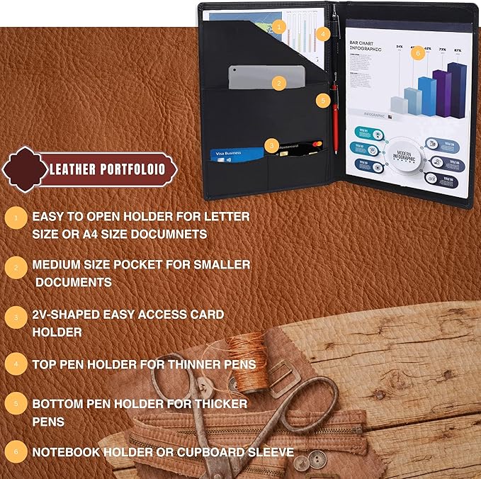 Succor Genuine Leather Business Portfolio Organizer-Professional Padfolio-Leather Binder-Document Holder-Resume Folder-A4 PAD Folio for Men and Women-13”x10”-Black