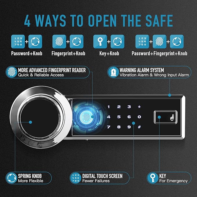 Tenamic Deluxe Biometric Fingerprint Safe Box Smart Touch Screen Fireproof Safe for Home Office Hotel 2.16 Cubic Feet