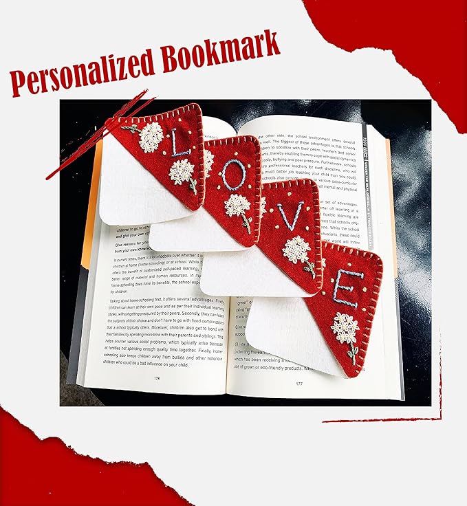 Personalized Hand Embroidered Corner Bookmark, Bookmarks for Women, Personalized Bookmark for Books, Cute Flower Book Mark, Hand Stitch Gift for Women for Book Lovers by HNQCPCVU (E, RED)