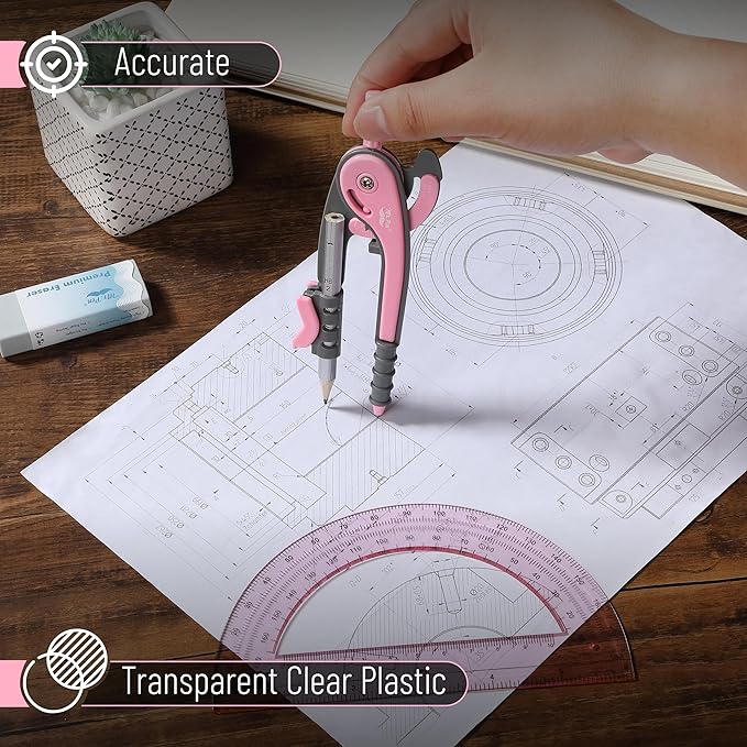 Mr. Pen- Compass and Protractor Set, Rogue Pink, Compass Geometry Tool, Protractor and Compass Set, Compass Drawing Tool, Drawing Compass, Geometry Compass, Math Compass for Geometry