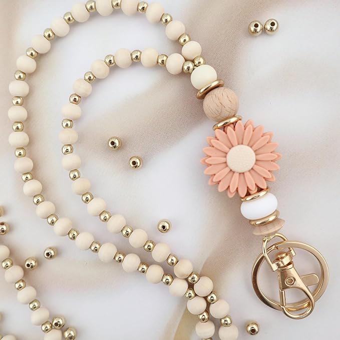 Wooden Teacher Lanyards for Id Badge Cute Flower Wood and Gold Beaded Lanyards for Women for Nurse Badge