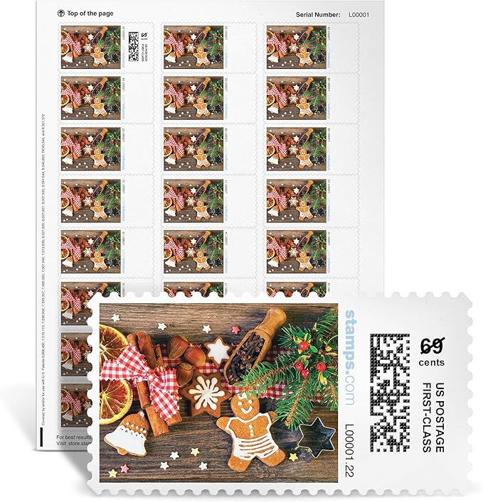 Holiday Treats NetStamps 120-Pack (5 Sheets) Printable Postage Labels (Stamps.com Subscription Required) - Print Approved Postage - Inkjet & Laser Printers - Business, Personal, Home