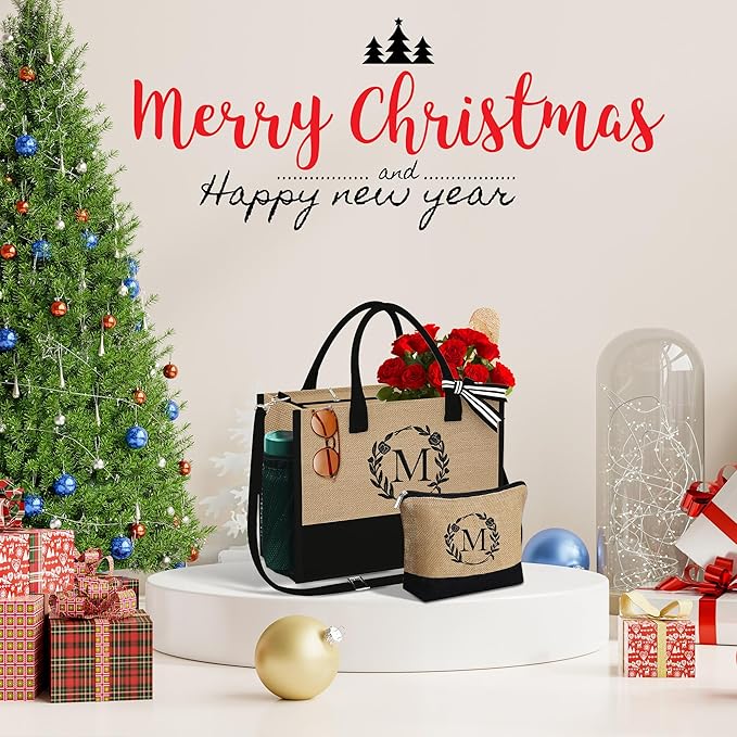 YOOLIFE Christmas Gifts for Women - Initial Tote Bag & Makeup Bag, Birthday Gifts for Women Mom Teacher Friend Christmas Gift