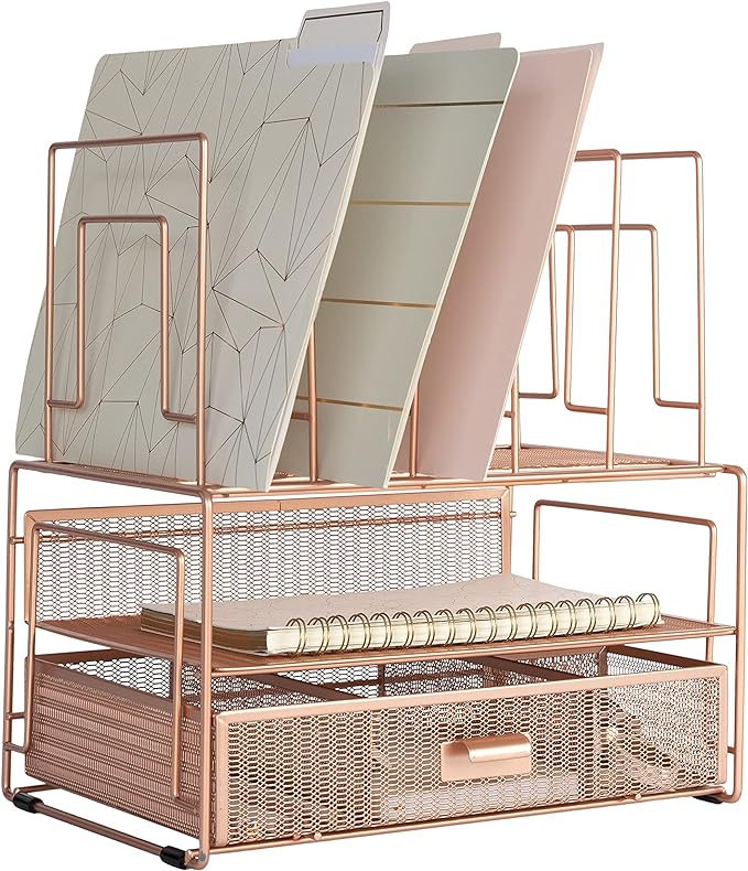 BLU MONACO Workspace Rose Gold Desk Organizers and Storage Accessories Desktop Rack File Organizer with File sorters and Drawer for Office Supplies - Cute Desk Organizer