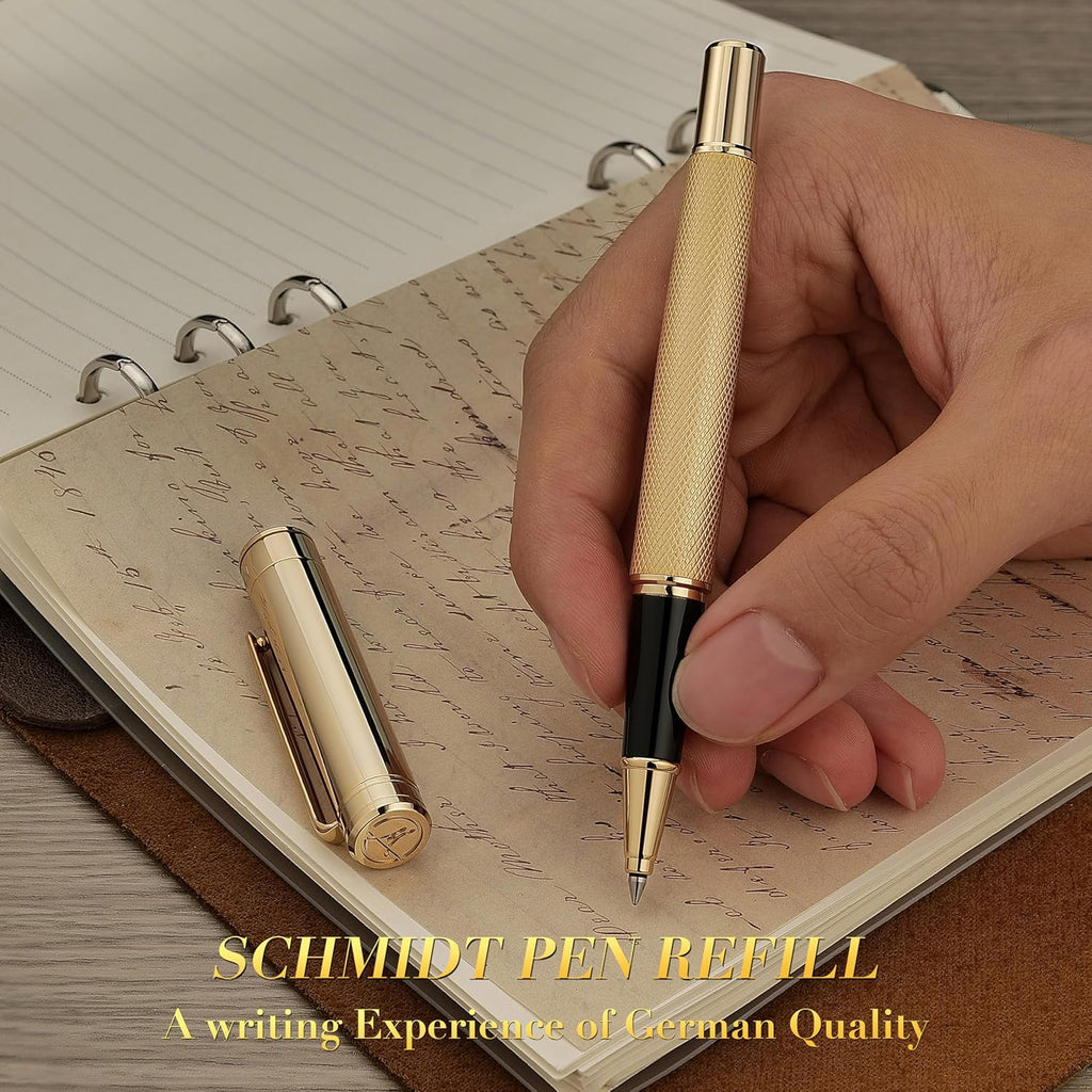 Gold Rollerball Pen, Stunning Luxury Pen with Mesh Texture Design and 24K Gold Finish, Fancy Gift Set for Men & Women, Business Signature, Executive, Office, Nice Fancy Designer Pens