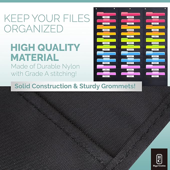 Hippo Creation Heavy Duty Storage Pocket Chart for Classroom, 30 Pocket Storage Organizer with 5 Over-Door Hangers, Hanging Wall Organizer for File Folders, School Mailbox, Home Office Papers - Black