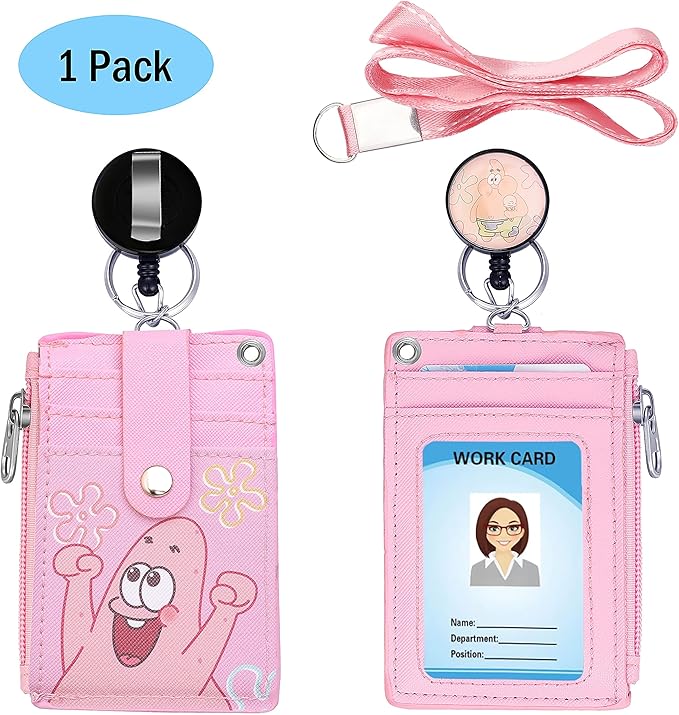Cute ID Badge Holder Retractable Lanyard Reel Clip with Heavy Duty Carabiner, 5 Card Slots in 2 Sided with Key Ring and Zipper for Women Students Teens Girls Office Staff