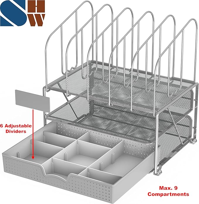 Deco Brothers Desk File Organizer with Letter Tray and 5 Upright File Stand, Silver
