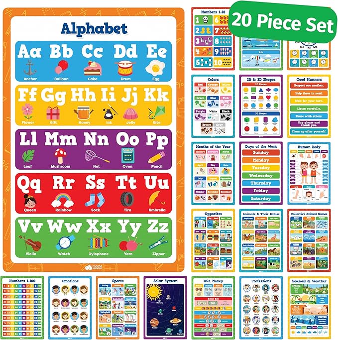 20 Classroom Educational Posters For Preschoolers Toddlers Kindergarten Elementary - 16" x 11" - 20pcs - Learning For Toddlers Wall Preschool Kindergarten Kids Posters Classroom Supplies Decor