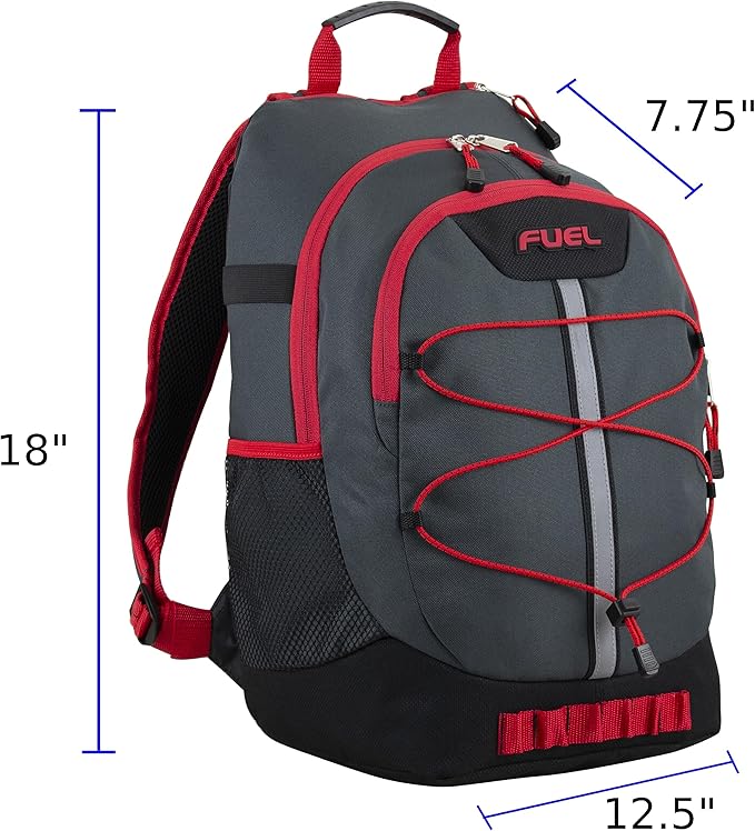 FUEL Hiking Backpack for Women Men Terra Sport, Travel, College, Gym, Work with Laptop Sleeve, Bungee, 18 Inches, Black Red Graphite
