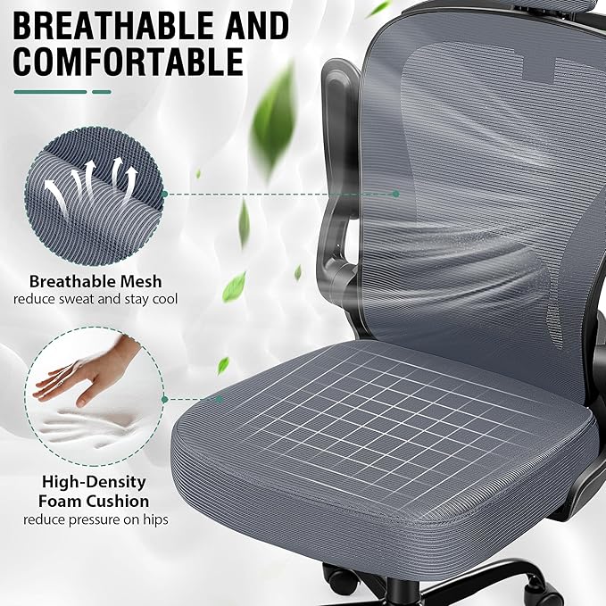 Office Chair, Ergonomic Office Chair with 3D Lumbar Support 3D Headrest, Comfy High Back Home Desk Chairs, Breathable Mesh Computer Chairs with Flip-Up Armrests & Hanger(Dark Gray)