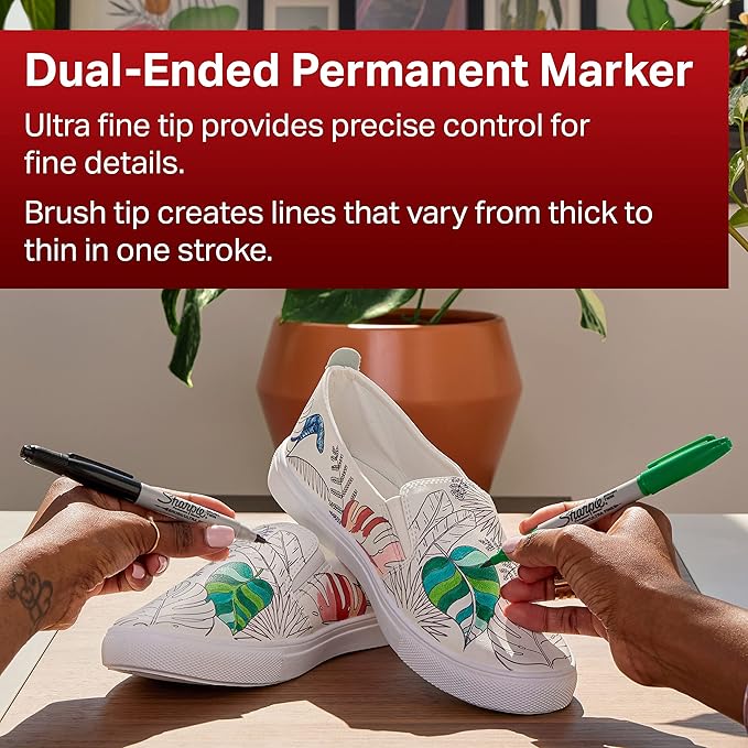 SHARPIE Brush Twin Permanent Marker, Brush Tip Marker and Ultra Fine Tip Marker, Black, 12 Count