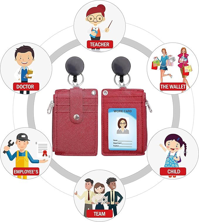 Cute ID Badge Holder Retractable Lanyard Reel Clip with Heavy Duty Carabiner, 5 Card Slots in 2 Sided with Key Ring and Zipper for Women Students Teens Girls Office Staff (Red)