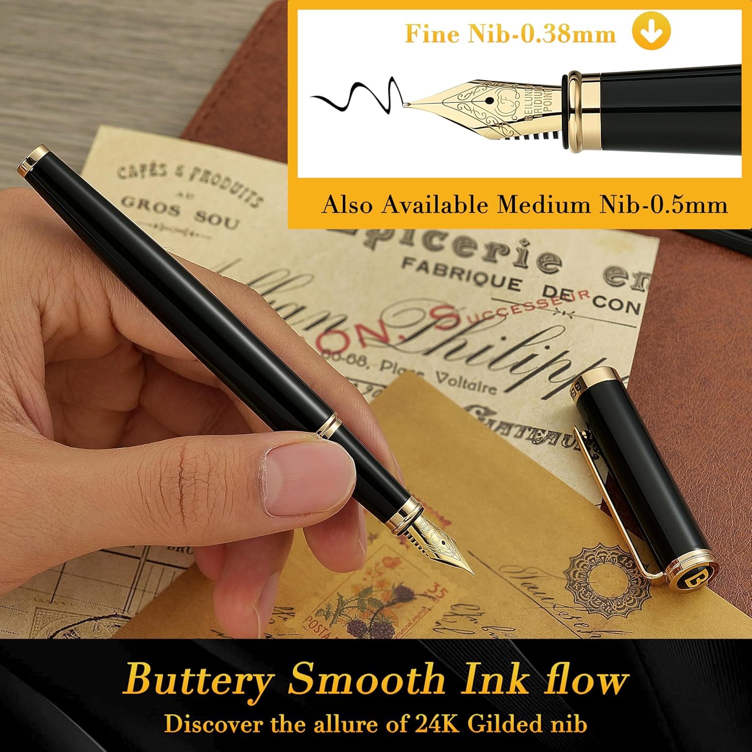 BEILUNER Black Fountain Pen,Stunning Luxury Piano Lacquer,24K Gilded Nib(Fine),Gorgeous 24K Gold Finish, Ink Converter,Trustworthy Gift for Men&Women-Elegant, Reliable,Executive,Nice Pens for Writing