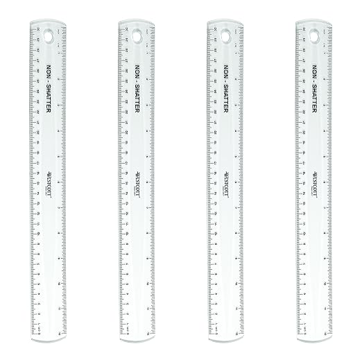 Westcott 12 inch Shatterproof Rulers (4 Pack) for School, Home and Office, Transparent Measuring Tools in Centimeters and Inches for Students and Adults