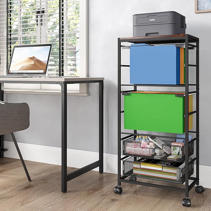 EasyPAG Rolling File Cart on Wheels with 2 Mobile Letter & Legal Size Hanging File Folder Rack and 2 Pull-Out Drawers for Home Office, Black