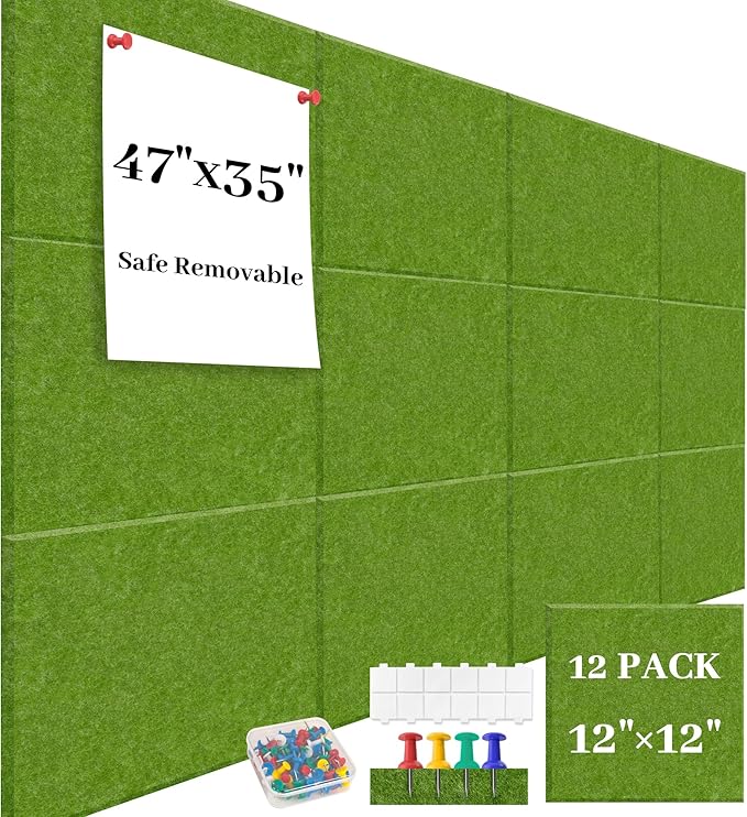 Large Cork Board for Walls Green Felt Board Alternative -Felt Bulletin Board Tiles for Office Wall Decor,corkboard,Push pin Board Wall Organizer for Office -12Pack (Green)