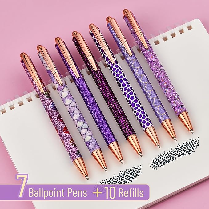 Mr. Pen- Fancy Pens for Women, 7 Black Ink Ballpoint Pens with 10 Refills, 1.0mm, Elegant in Purple, Glitter Cute Pens for Journaling, Sparkly Fancy Pen, Easter Gift
