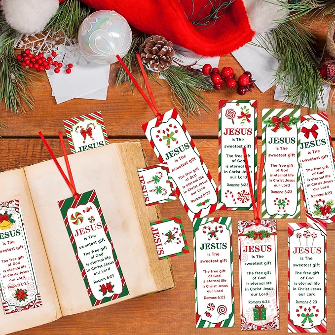Haooryx Christmas Winter DIY Bookmarks - 240pcs Xmas DIY Bookmark Christmas Candy Cane Pattern Bookmarks Red Ribbons Christian Religious Christmas Bookmark Party Favor School Classroom Students Reward