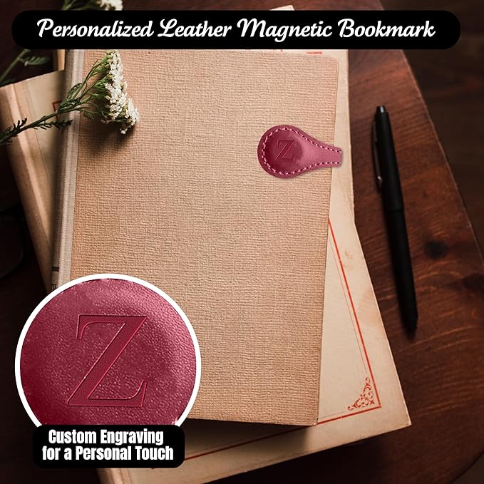 Personalized Leather Magnetic Bookmarks (1 Pack) Vintage Custom Engraved Initial ID Identification Book Marker Clip Gift for Book Lover Avid Readers (Letter Z, Red)