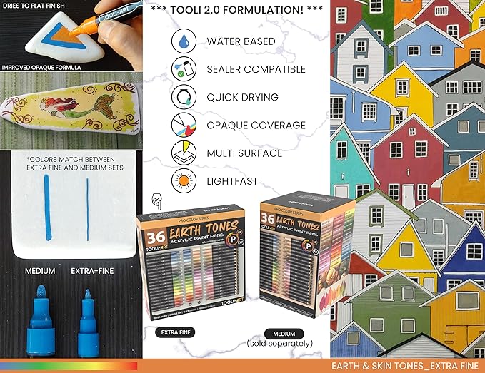 36 Acrylic Paint Pens Skin and Natural Earth Tone Marker Set For Rock Painting, Canvas, Mugs, Glass, Plastic, Wood, Metal, Fabric, Scrapbooking, Most Surfaces. Quick Drying Waterbased (EXTRA FINE)