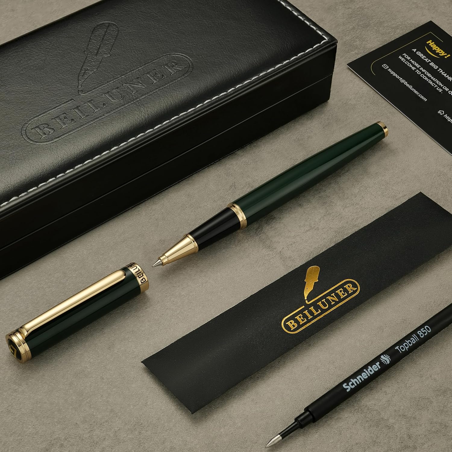 BEILUNER Luxury Rollerball Pen, Stunning Green Lacquer with 24K Gold Trim,Noble and Elegant Designs,Schneider Ink Refill, Best Gift Set for Men & Women, Refillable, Executive Writing, Nice Pens