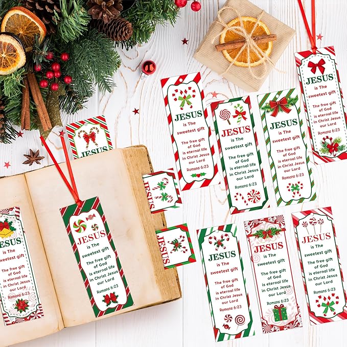 Haooryx 120pcs Christmas Theme Bookmarks, Christmas Candy Cane Pattern Bookmarks with Red Ribbons, Christian Religious Christmas Bookmark Party Favor for Sunday School Supply Classroom Students Reward