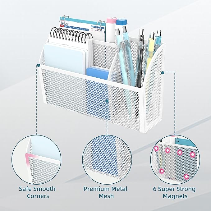 DALTACK Magnetic Pencil Holder Magnetic Shelf for the Whiteboard 3-Grid Mesh Magnetic Pen Holder for Refrigerator Magnetic Organizer Locker Accessories Organizer for Home, School and Office, White